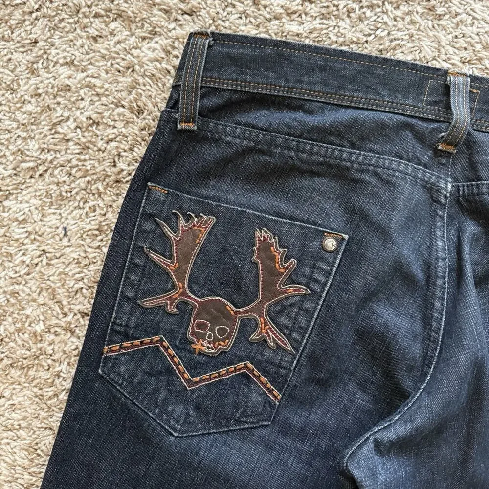 Vintage Energie Jeans Y2K Blue Denim Jeans Skull Embroidered Streetwear Size 34